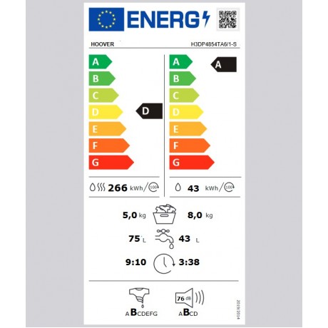 Hoover H3DP4854TA6/1-S  Πλυντήριο-Στεγνωτήριο Ρούχων 8kg/5kg Ατμού 1400 Στροφές με Wi-Fi