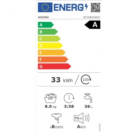 Hisense WF3S8043BW3 Πλυντήριο Ρούχων Ατμού 8kg 1400 Στροφών 