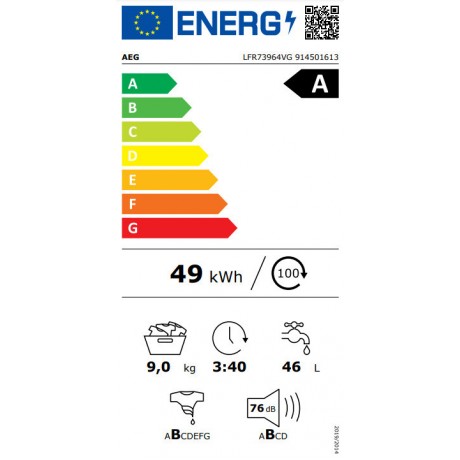 AEG LFR73964VG Πλυντήριο Ρούχων UniversalDose 9kg με Ατμό 1600 Στροφών 