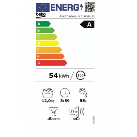 BEKO B3WF T 5124111 W Πλυντήριο Ρούχων 12kg Ατμού