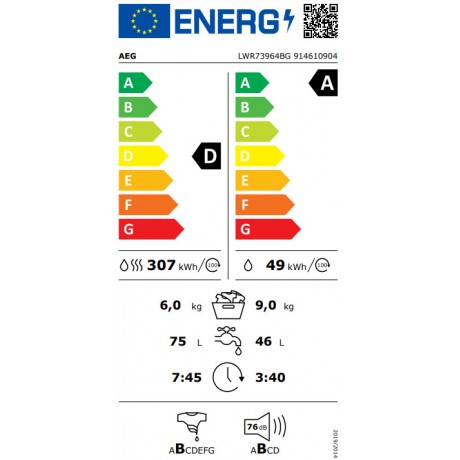 AEG LWR73964BG Πλυντήριο-Στεγνωτήριο Ρούχων 9kg/6kg Ατμού 1600 Στροφές